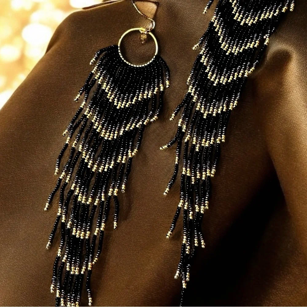 Black and Gold Glass Beaded Chandelier Earrings with Cascading Feather Design